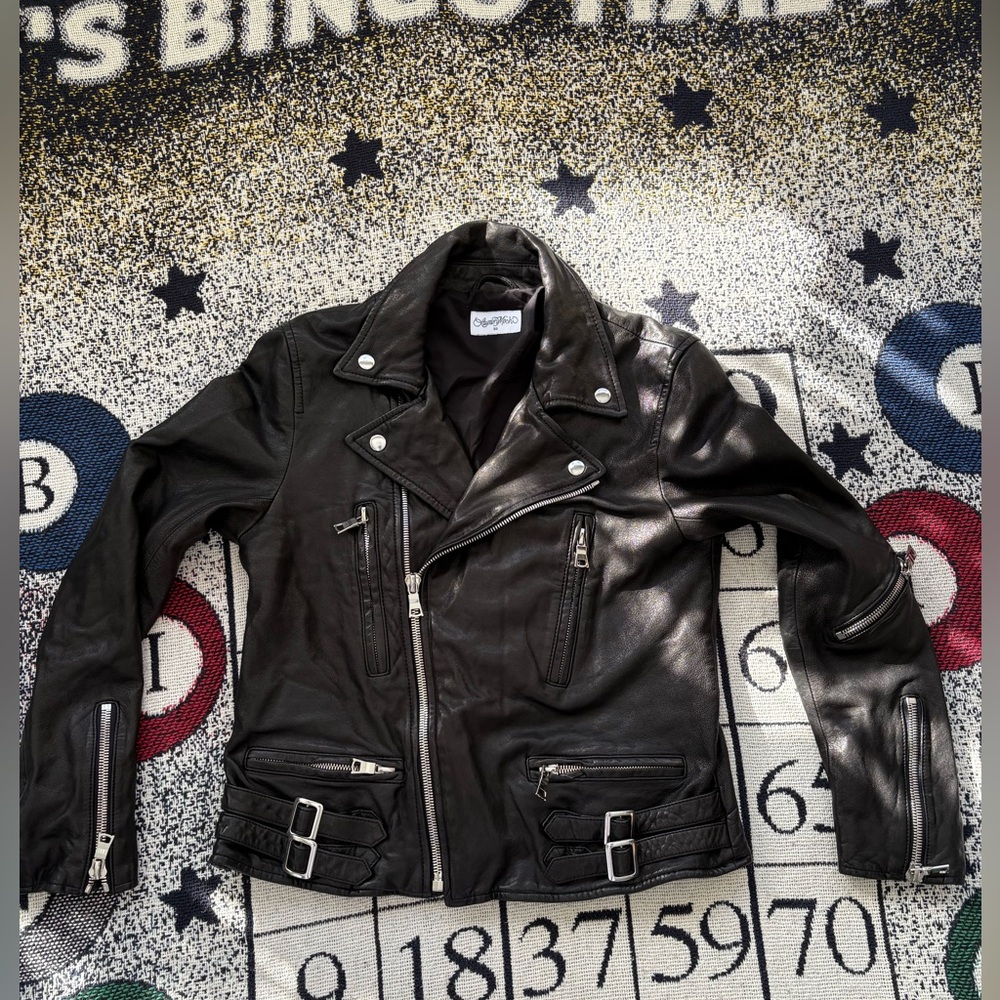 Women’s XS Lauren Moshi leather jacket with maleficent design on the back